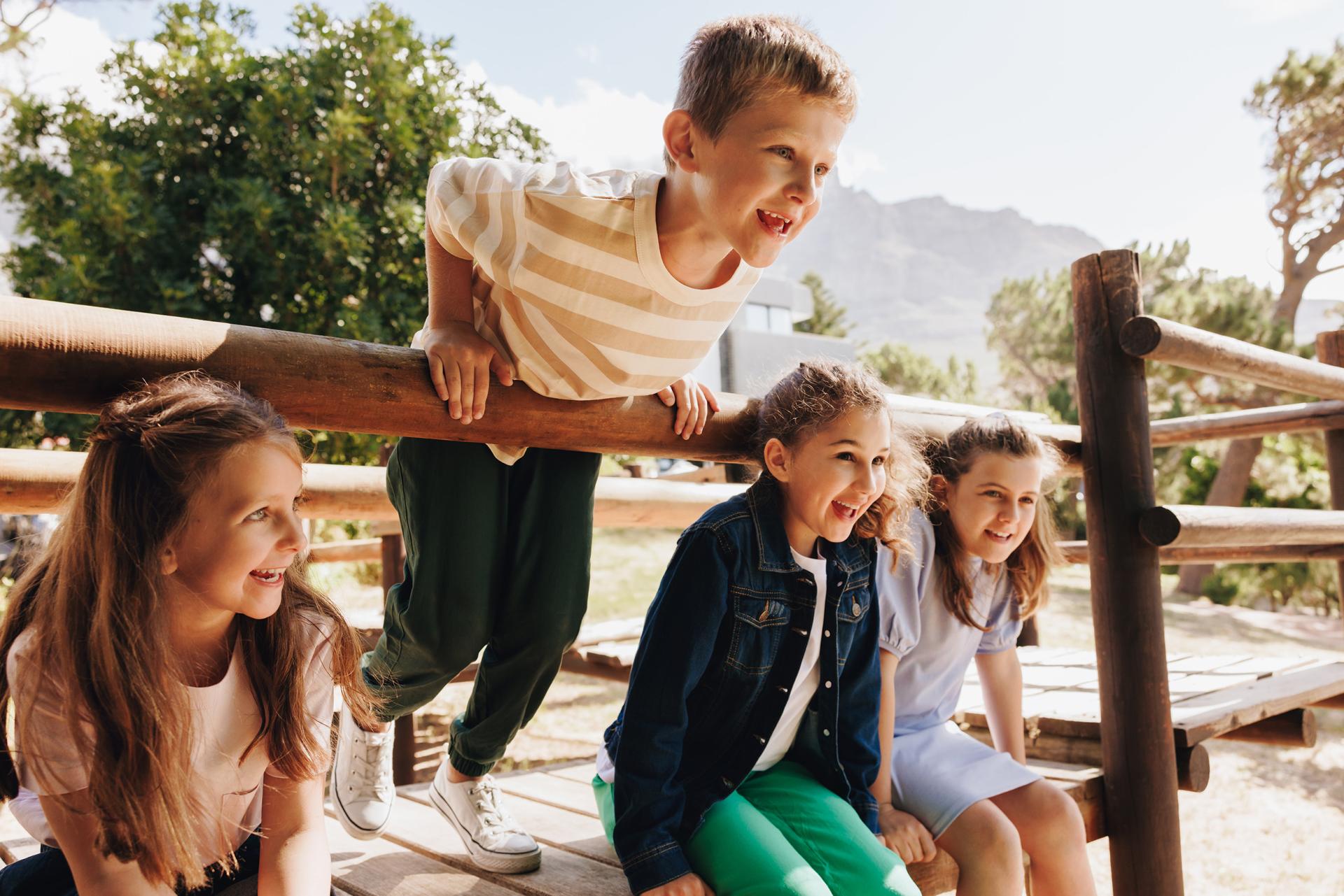 Four children happily play on a wooden jungle gym in a sunny park, surrounded by trees and mountains. They are smiling and enjoying the outdoors.